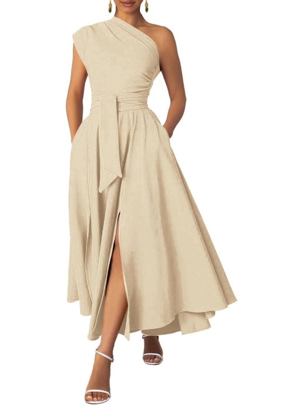 Women's Beige Formal Wedding Flattering A-line One Shoulder Belted Maxi Dress
